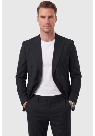 Deepsea Erkek Slim Fit Kruvaze Siyah Takım Elbise Likralı Spor Şık Business 2702414