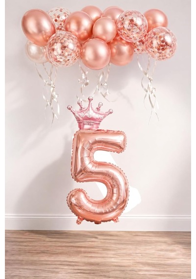 5 Rakam Rose Gold Folyo Balon, Kral Tacı Ve Konfetili Rose Gold Balon Genel