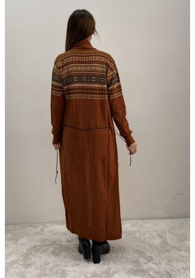 Onno Style Women Kilim Desen Uzun Ceket Kiremit
