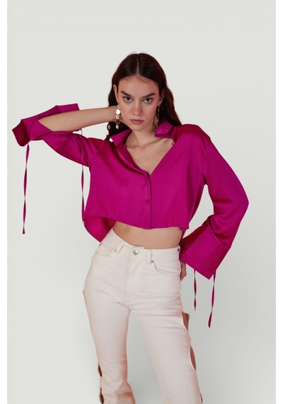 Holly Lolly Özel Dokulu Saten Crop Silky Gömlek Pembe