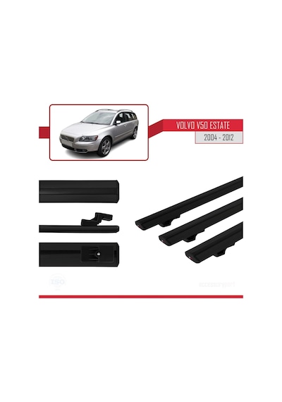 Volvo V50 Estate 2004-2012 Arası İle Uyumlu Basic Model Ara Atkı Tavan Barı Siyah 3 Adet