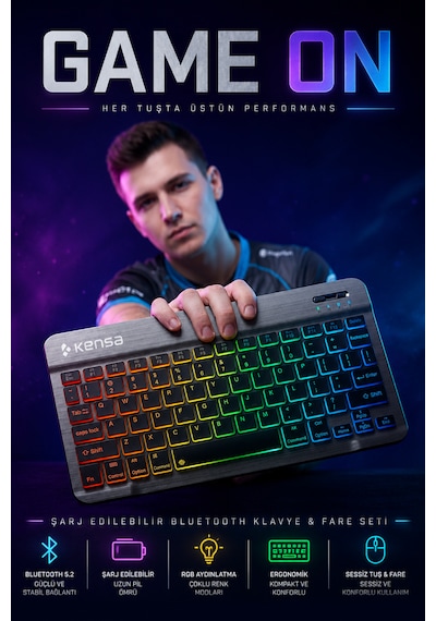 Tablet Ve Bilgisayar İçin Rgb Led Işıklı Taşınabilir Kablosuz Bluetooth Klavye Ve Dongle'lı Mouse Seti Siyah