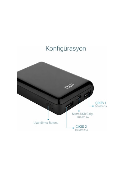 10000 Mah Taşınabilir Powerbank, Çift Usb Çıkışlı 2.1a Hızlı Şarj , Led Dijital Ekranlı, Ultra İnce Ve Hafif 180 G, Telefon Ve Tablet Uyumlu Siyah