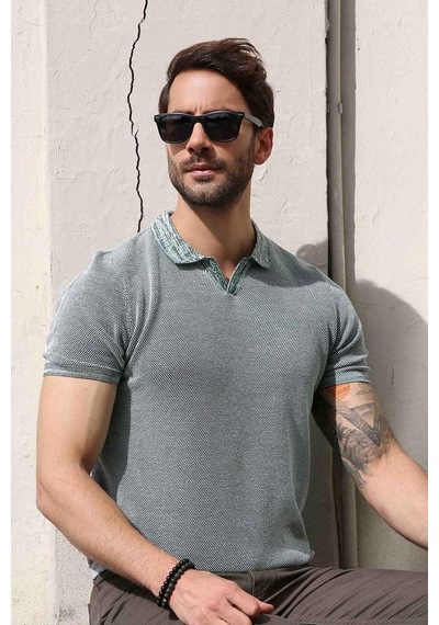 Ferraro Yeşil/Ekru Kuşgözü Desenli Polo Yaka Erkek Triko T-Shirt-Yeşil