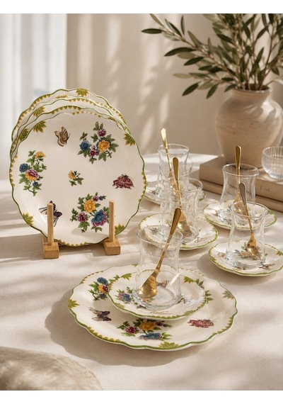 18 Parça Butterfly Garden Pasta Çay Takımı Seti-6134 beyaz