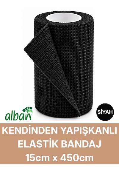 Set Kendinden Yapışkanlı Elastik Bandaj, Kohesiv Bandaj 15cm X 4.5m Spor, Bilek, Ayak Bileği, Veteriner Bandajı Siyah