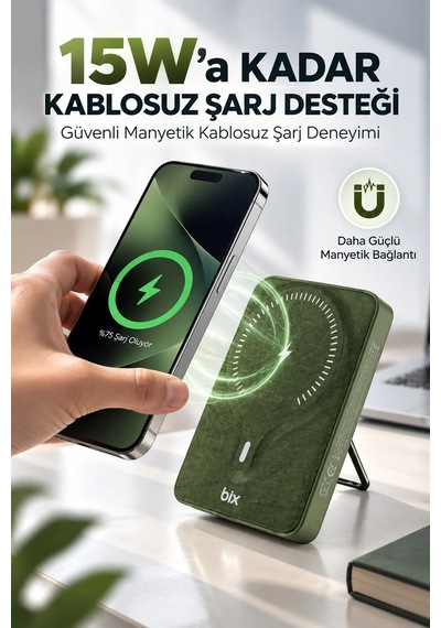 Exenar - Yeşil - 10000mah Standlı Pd20w Type-c - Usb-a Scp22.5w - 15w Kablosuz Hızlı Şarj Led Göstergeli Powerbank Haki Yeşil Exenar - Yeşil - 10000mah Standlı Pd20w Type-c - Usb-a Scp22.5w - 15w Kablosuz Hızlı Şarj Led Göstergeli Powerbank Haki Yeşil