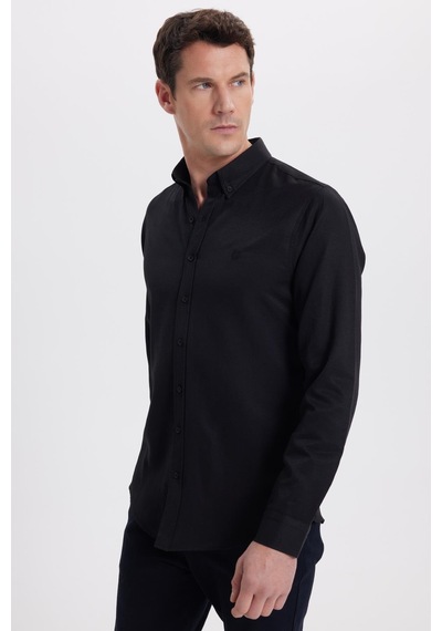 Tudors Erkek Slim Fit Dar Kesim Düz Oxford Armalı Yaka Düğmeli Siyah Spor Gömlek-42019 Siyah