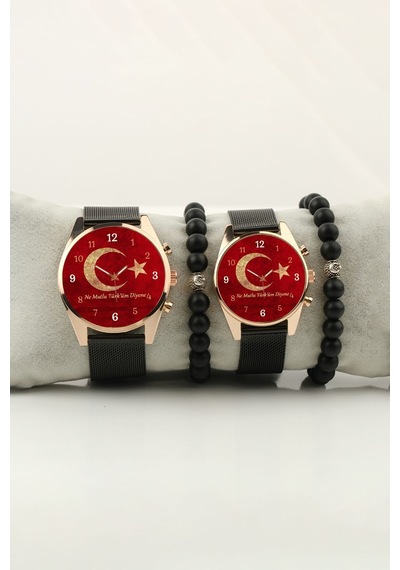 Ne Mutlu Türküm Diyene Sade Gold Çift Kol Saati Set Bileklik Hediye Altın - Siyah