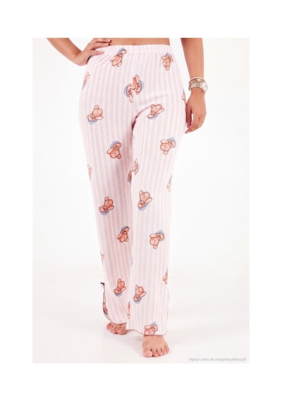 Lela Ayıcık Desenli Lastikli Bel Uzun Kollu Yumuşak Dokulu Pijama Takımı Kadın Pijama Takımı 6575023 Pembe