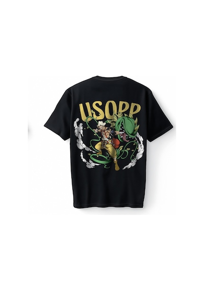 Bumeta Usopp Anime Karakter Baskılı Oversize Unisex Tişört T-shirt Siyah