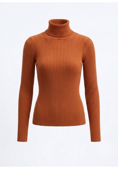 Onno Style Women Fitilli Balıkcı Yaka Basic Kazak Kiremit