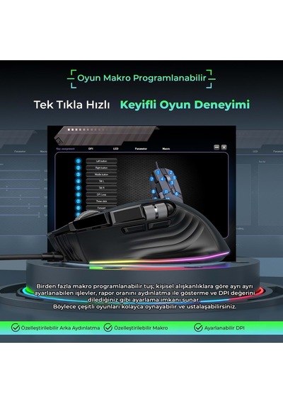 Mkespn X13 Gaming Mouse Kablolu 12400 Dpi 10 Tuş Makro Rgb Oyuncu Mouse Siyah