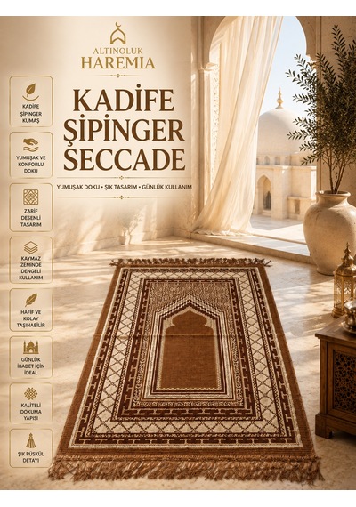 Kadife Şipinger Seccade Yumuşak Dokulu Desenli Püsküllü Namaz Seccadesi Kahverengi Lacivert