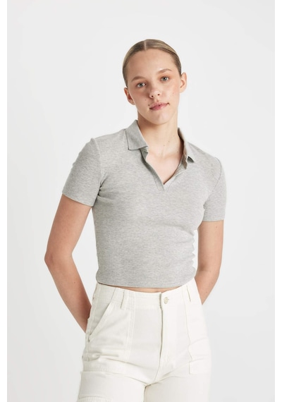 Defacto Fitted Polo Yaka Fitilli Kaşkorse Kısa Kollu Tişört A0379AX24SMGR256 Gri
