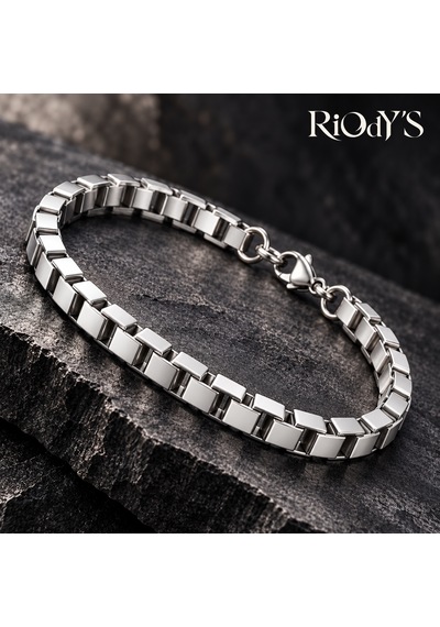 Riody's Kastor Erkek Bileklik Gümüş Renk Çelik Kare Arnavut Zincir Kancalı Kilit Beyaz - Gümüş
