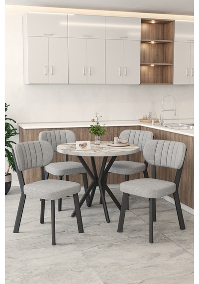 Gnr 90cm Sabit Efes Mutfak Masası Takımı, Yemek Masası, 4 Modern Gri Sandalye Gri