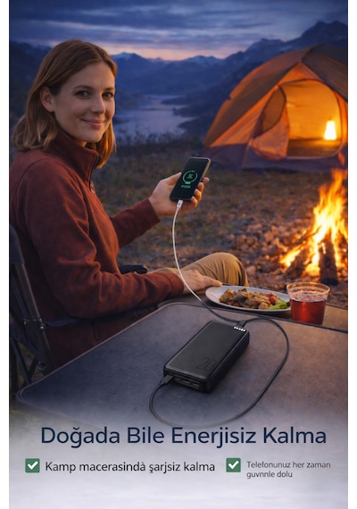 20.000 Mah Powerbank Hızlı Şarj Led Göstergeli Çift Usb Type-c Girişli Taşınabilir Şarj Cihazı Siyah