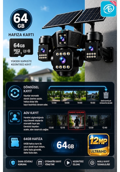 O-kam Ok333 Premium Serisi 12mp 4 Kameralı 4g Çift Solar Panel Gece Görüş Güvenlik Kamerası Turkcell Sim Kart + 64gb Hafıza Kartı