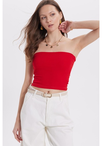 Tudors Kadın Slim Fit Dar Kesim Pamuklu Straplez Kırmızı Bluz-38843 Kırmızı
