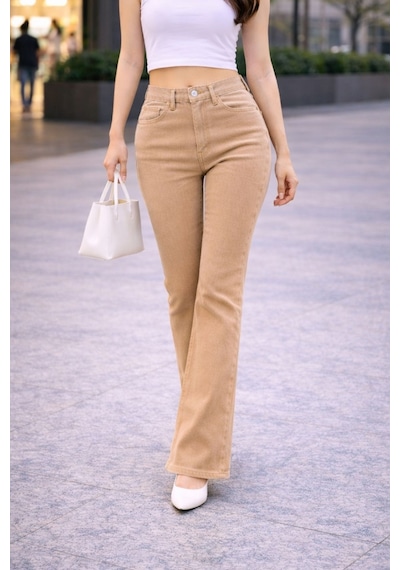 Cedy Denım Yüksek Kalite Kadın 5 Cep Düşük Bel İspanyol Paça Skinnyfit Esnek Jean Pantolon C619 Camel