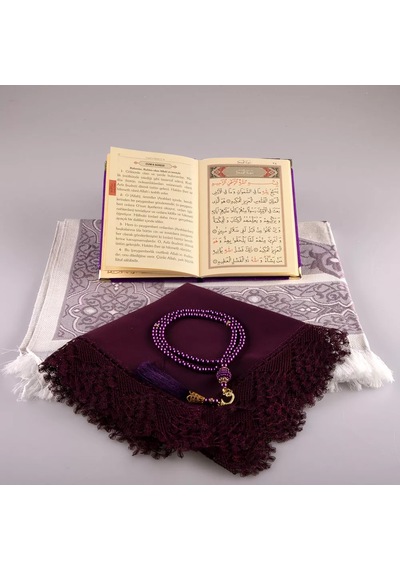 Şal + Seccade + Tesbih + Yasin Hediye Seti Çanta Boy, Şems Lafzatullah, Raşel Cilt, Mor