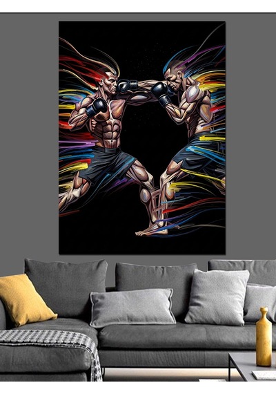 Ahşap Tablo Neon Renkli Boks Maçı