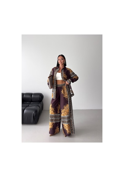 Wellway İthal Chokellaa Kumaş Çiçekli Tunik Gömlek & Pantolon 2li Takım-kahverengi -26112 Kahverengi