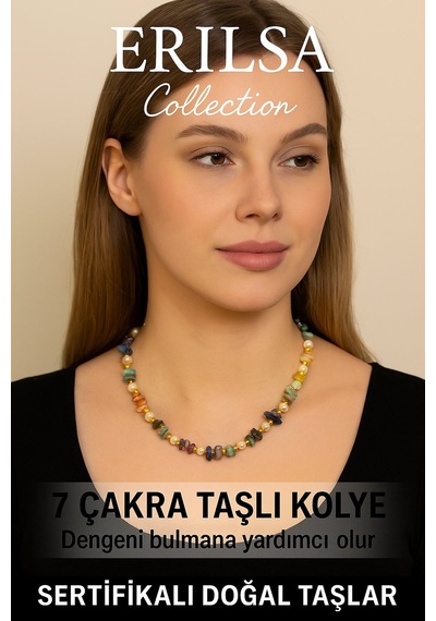 Sertifikalı Kırık Taşlı Model İnci 7 Çakra Doğal Taş Kolye Çok Renkli