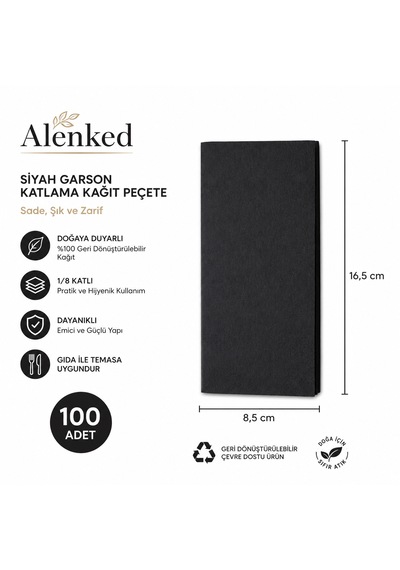 Siyah Peçete 33 X 33 Garson Katlama 100 Adet