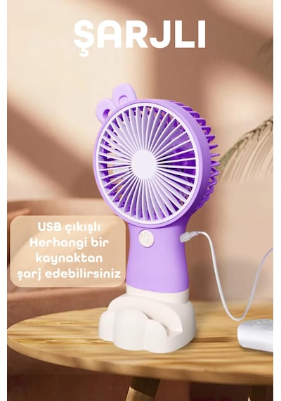 Şarjlı Telefon Standlı Mini El Fanı Seyahat Masaüstü Vantilatör Taşınabilir Mini Fan Mor 0808