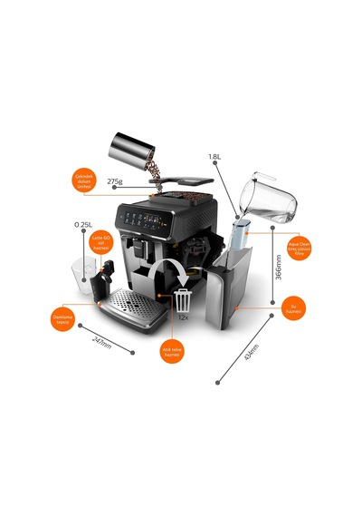 Ep3246/70 Espresso Makinesi, 1.8 L Kapasite, 5 Aromatik Kahve Çeşidi, Lattego Süt Sistemi, Siyah Çok Renkli
