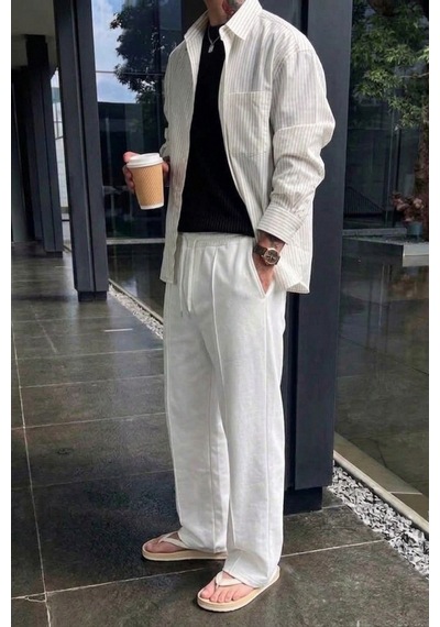 Tarz Cool Erkek Regular Fit Düz Paça Bağcıklı 2 İplik Pamuklu Pantolon Eşofman Alt Beyaz