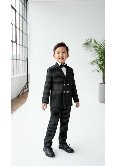 Bys Beystil Sivri Yaka Siyah Çizgili Çocuk Kruvaze Elbise - Slim Fit