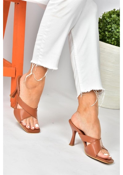 Fox Shoes Taba Çapraz Bantlı Kalın Topuklu Kadın Terlik P590033009 Taba-suni Deri Taba