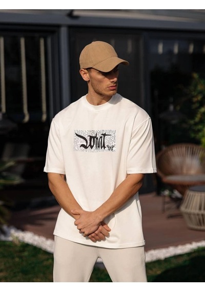 Moda Assema Erkek Bisiklet Yaka Baskılı Oversize T-shirt - Beyaz Çok Renkli