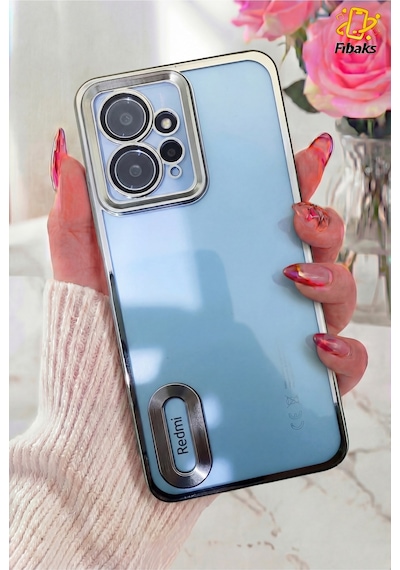 Fibaks Redmi Note 12 Uyumlu Kılıf Kamera Lens Korumalı Şeffaf Renkli Logo Gösteren Parlak Kapak Siyah