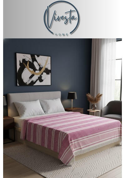 %100 Pamuk Saçaklı Tek Kişilik Yatak Örtüsü 160x220 Şık Ve Modern Tasarım Pembe