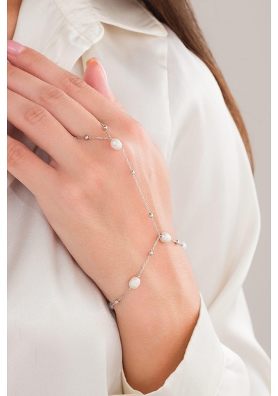 Gümüş İnci Ve Küçük Toplu Pearl Şahmeran El Zinciri Bileklik Gümüş