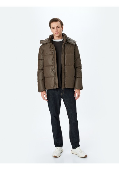 Koton Slim Fit Kapşonlu Suni Deri Şişme Mont Kahverengi 5wam20034hw Kahve Kahverengi