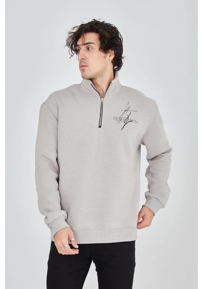 Erkek Yarım Fermuarlı Baskılı 3 İplik Pamuklu Sweatshirt - Boyalı Gri Gri