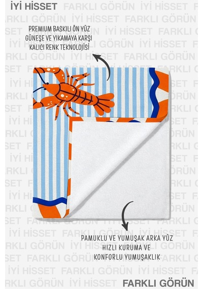 Marine Istakoz Çizgili Plaj Havlusu - Akdeniz Stili Turuncu Mavi Hızlı Kuruyan Mikrofiber Havlu Uçuk Melisa