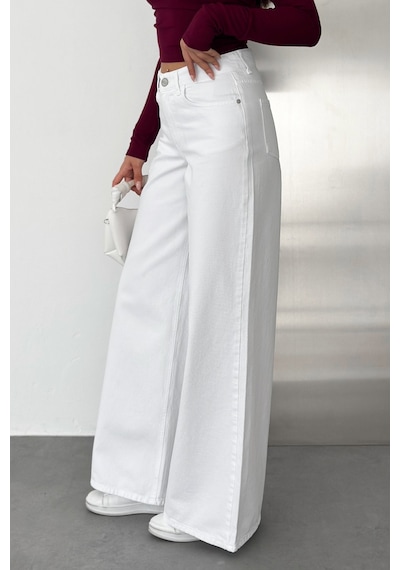 HLT Jeans Beyaz Kadın Wide Leg Jean %100 Pamuklu Yüksek Bel Palazzo Kot Pantolon Angel-2058