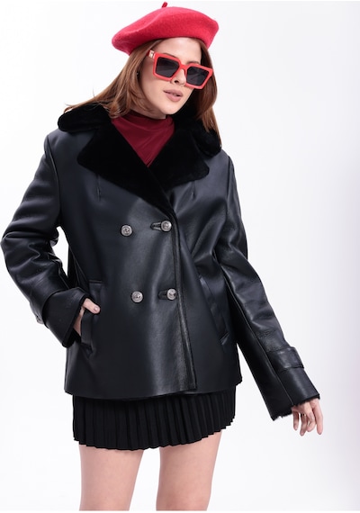 M M Marki Marki Hakiki Deri Kadın Mont Siyah İçi Kürklü Kruvaze Düğmeli Blazer Model 70 Cm - 120522
