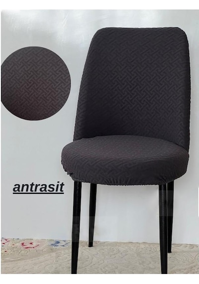 İlmek Desen Oval Sandalye Kılıfı, Sandalye Örtüsü 6 Adet Antrasit Antrasit