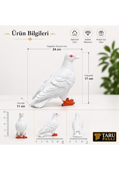 Canlı Boy Güvercin Biblo Polyester Dekoratif Heykel Hediyelik Ev Ofis Bahçe Dekoru 24 Cm Beyaz