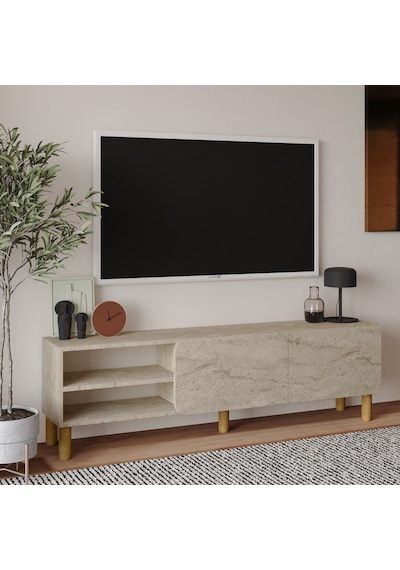 İnarch Dizayn River 150 Cm Modern Tv Sehpası Kapaklı Ve Raflı Tasarım Traverten