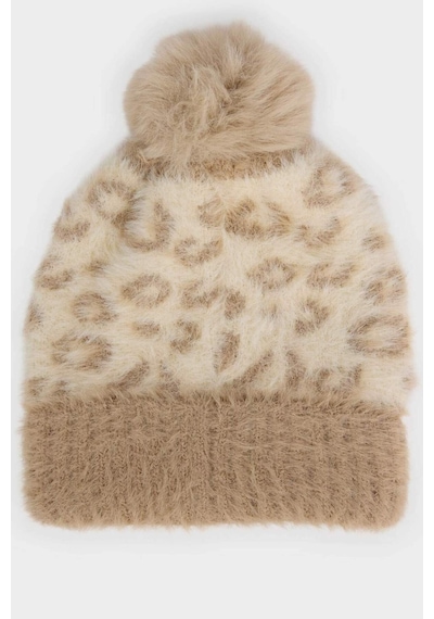 Defacto Kız Çocuk Leopar Desenli Ponponlu Triko Bere F2395a825wnbg300 Bej-bg300
