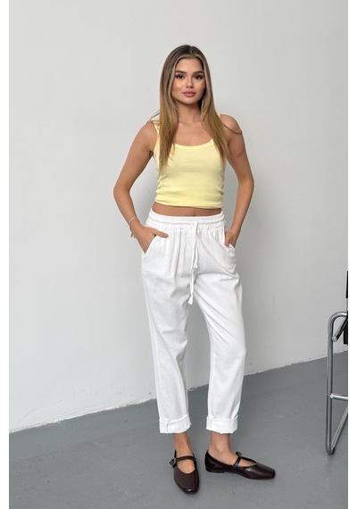 Jee Lee Kadın Beli Ayarlanabilir Çift Cepli Pantolon Beyaz - 26y Yp5295
