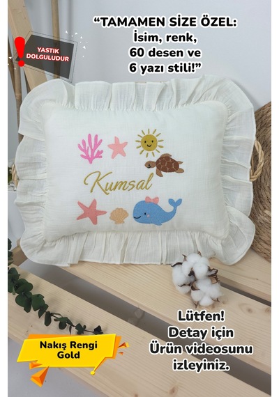 Gros Shop Müslin Yeni Doğan 4katlı Organik %100pamuk Kişiye Özgü Nakışlı Hastane Çıkış Seti Okyanus Model-2 Ekru-3
